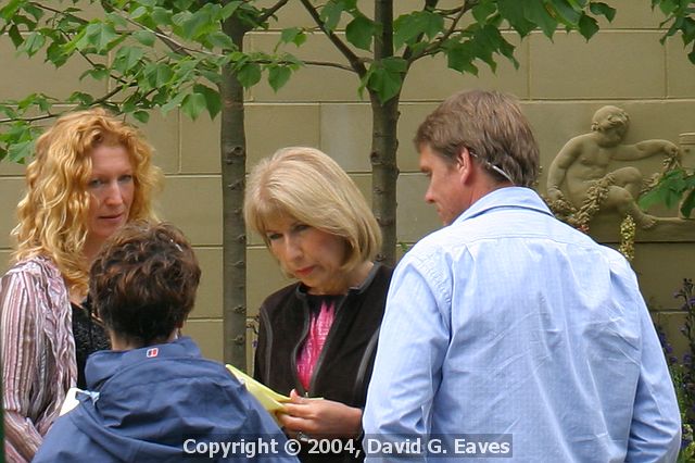 Chelsea Flower Show\nCharlie Dimmock, Jenny Bond & Andy Sturgeon getting ready to film the lunchtime BBCshow