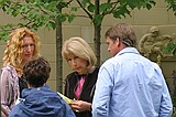 Chelsea Flower Show\nCharlie Dimmock, Jenny Bond & Andy Sturgeon getting ready to film the lunchtime BBCshow